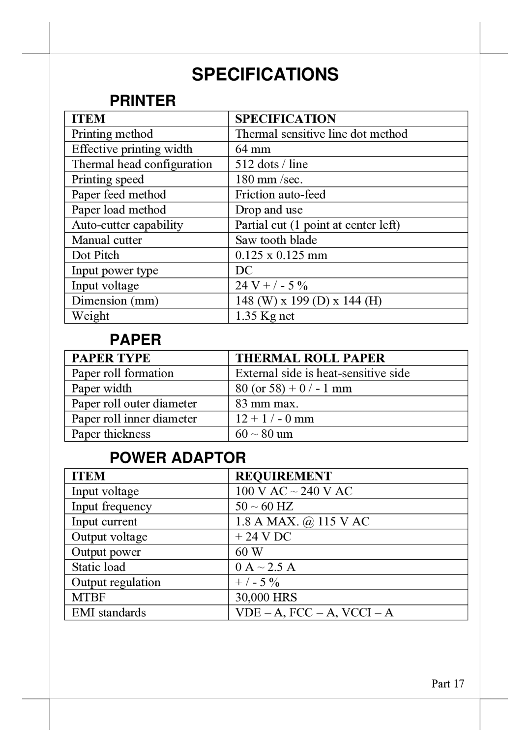 PYLE Audio PP-7200L manual Specifications, Printer, Paper, Power Adaptor 