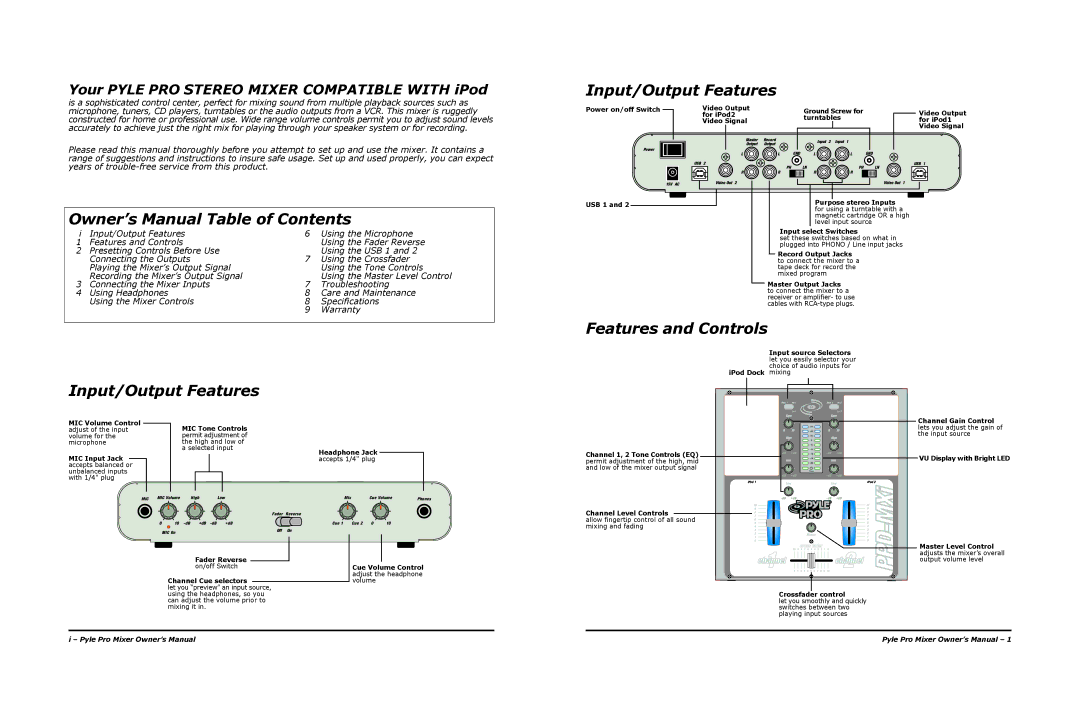 PYLE Audio PPD-MXi warranty Input/Output Features Features and Controls 