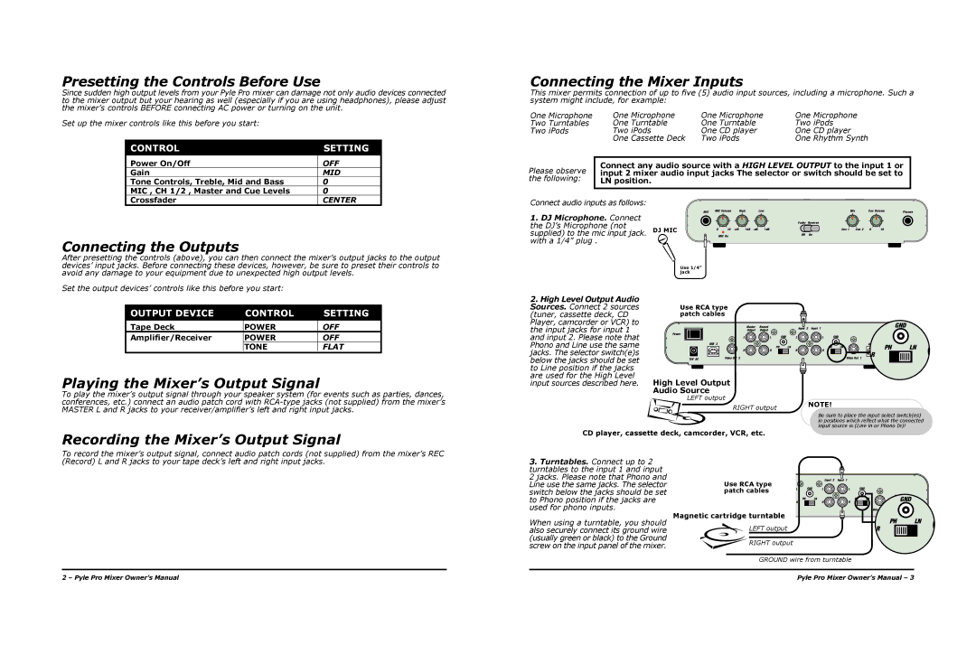 PYLE Audio PPD-MXi warranty Presetting the Controls Before Use, Connecting the Outputs, Connecting the Mixer Inputs 