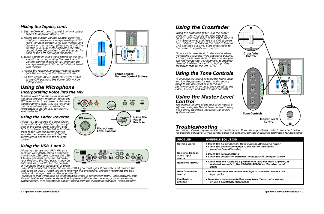 PYLE Audio PPD-MXi Using the Crossfader, Using the Microphone, Using the Tone Controls, Using the Master Level Control 