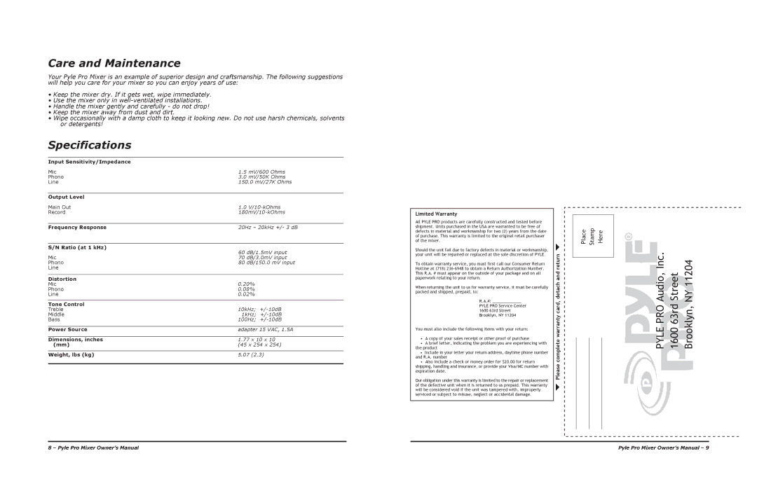 PYLE Audio PPD-MXi warranty Care and Maintenance, Specifications 