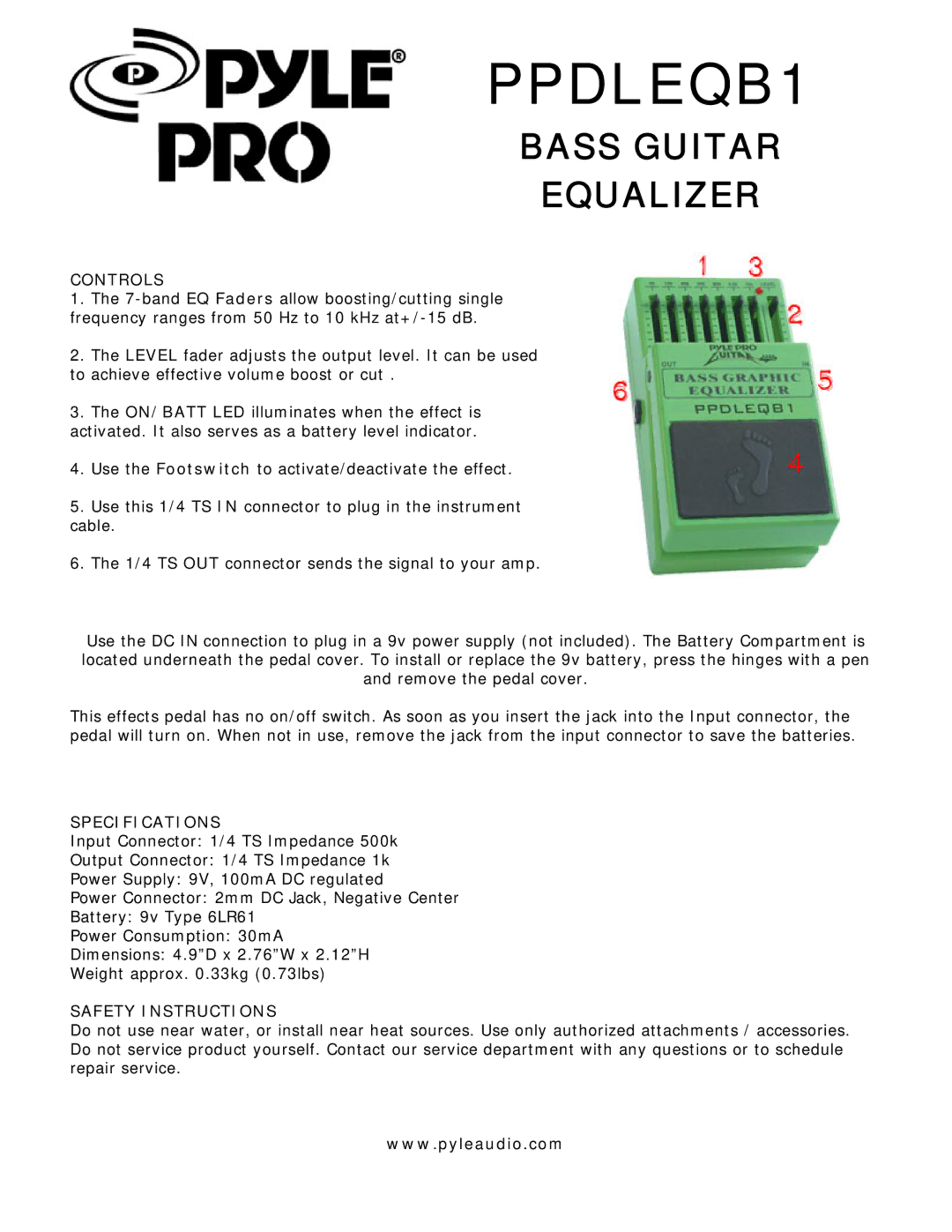 PYLE Audio PPDLEQB1 specifications Bass Guitar Equalizer, Controls, Specifications, Safety Instructions 