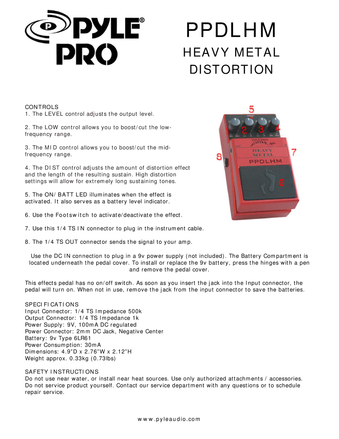 PYLE Audio PPDLHM specifications Ppdlhm, Heavy Metal Distortion, Controls, Specifications, Safety Instructions 