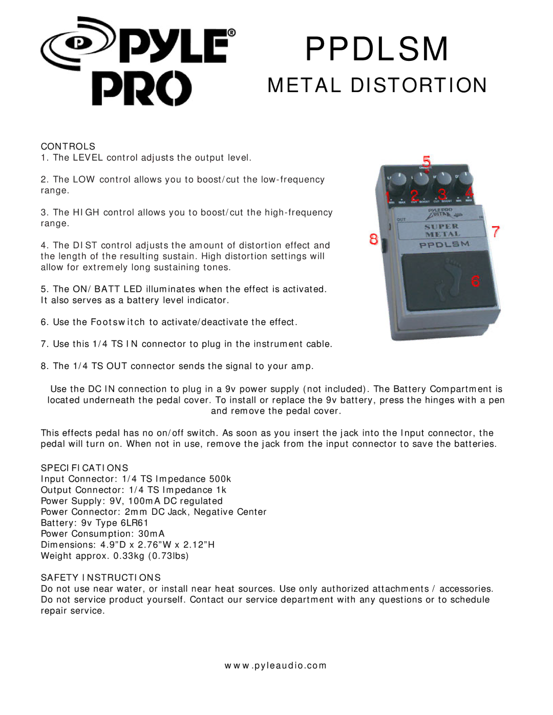 PYLE Audio PPDLSM dimensions Ppdlsm, Metal Distortion, Controls, Specifications, Safety Instructions 