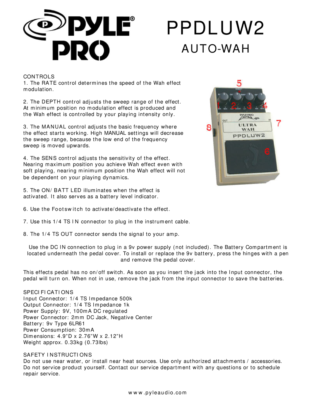 PYLE Audio PPDLUW2 specifications Auto-Wah, Controls, Specifications, Safety Instructions 