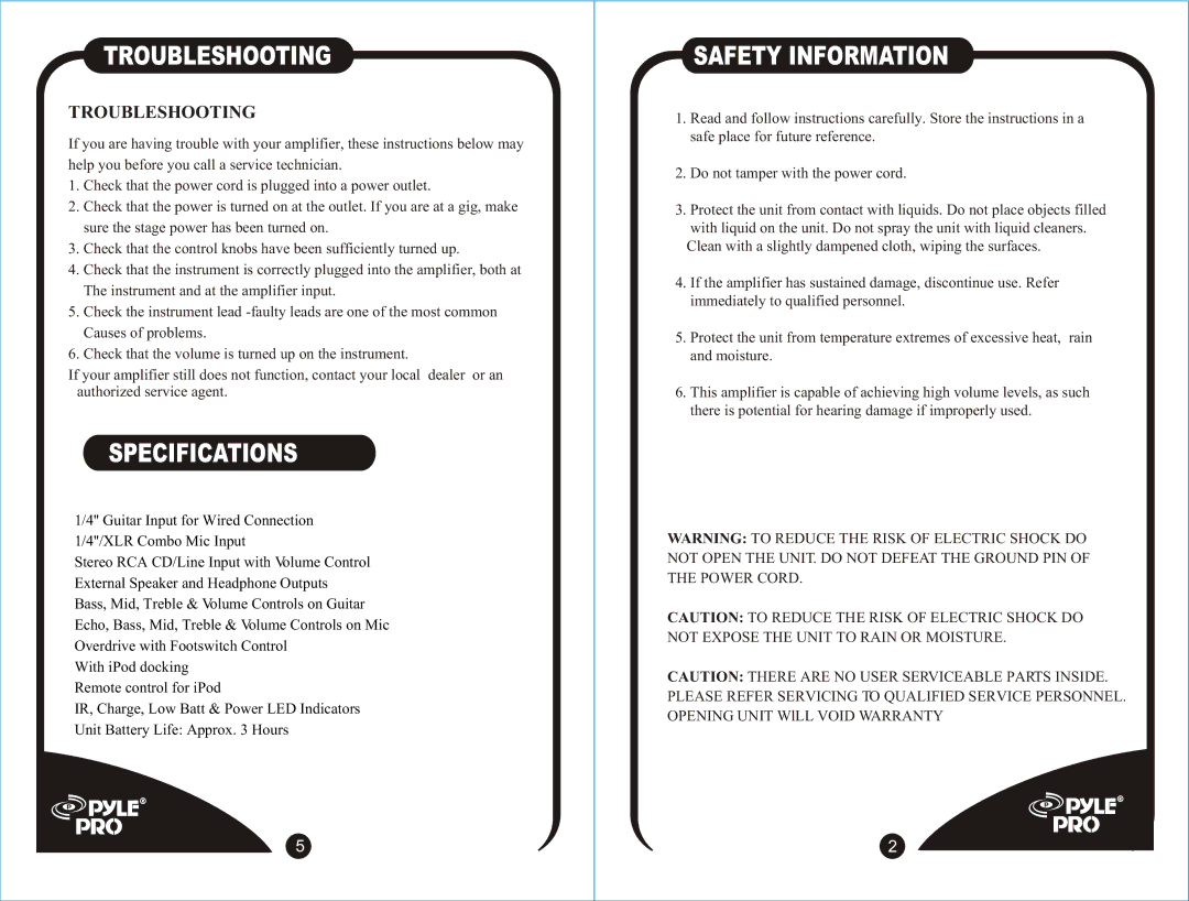 PYLE Audio PPG-630I manual Troubleshooting, Safety Information 