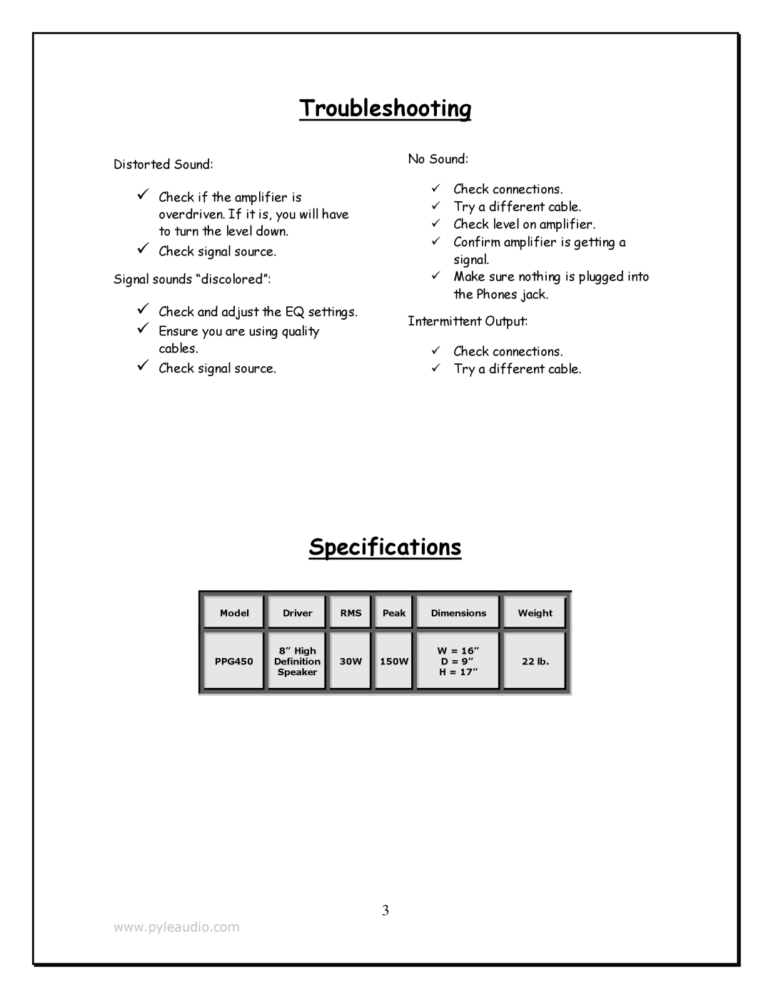 PYLE Audio PPG450A manual 