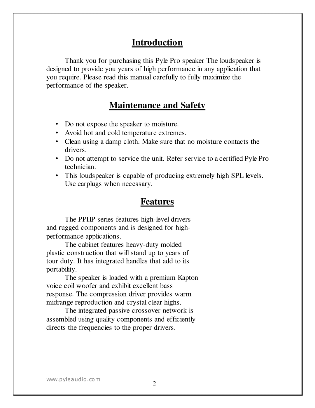 PYLE Audio PPHP1259 manual Introduction, Maintenance and Safety, Features 