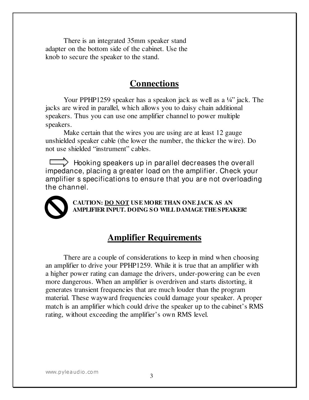 PYLE Audio PPHP1259 manual Connections, Amplifier Requirements 