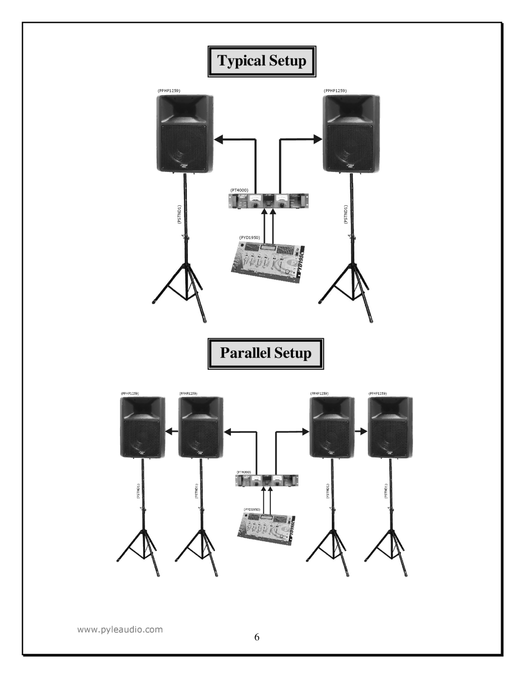 PYLE Audio PPHP1259 manual Typical Setup Parallel Setup 