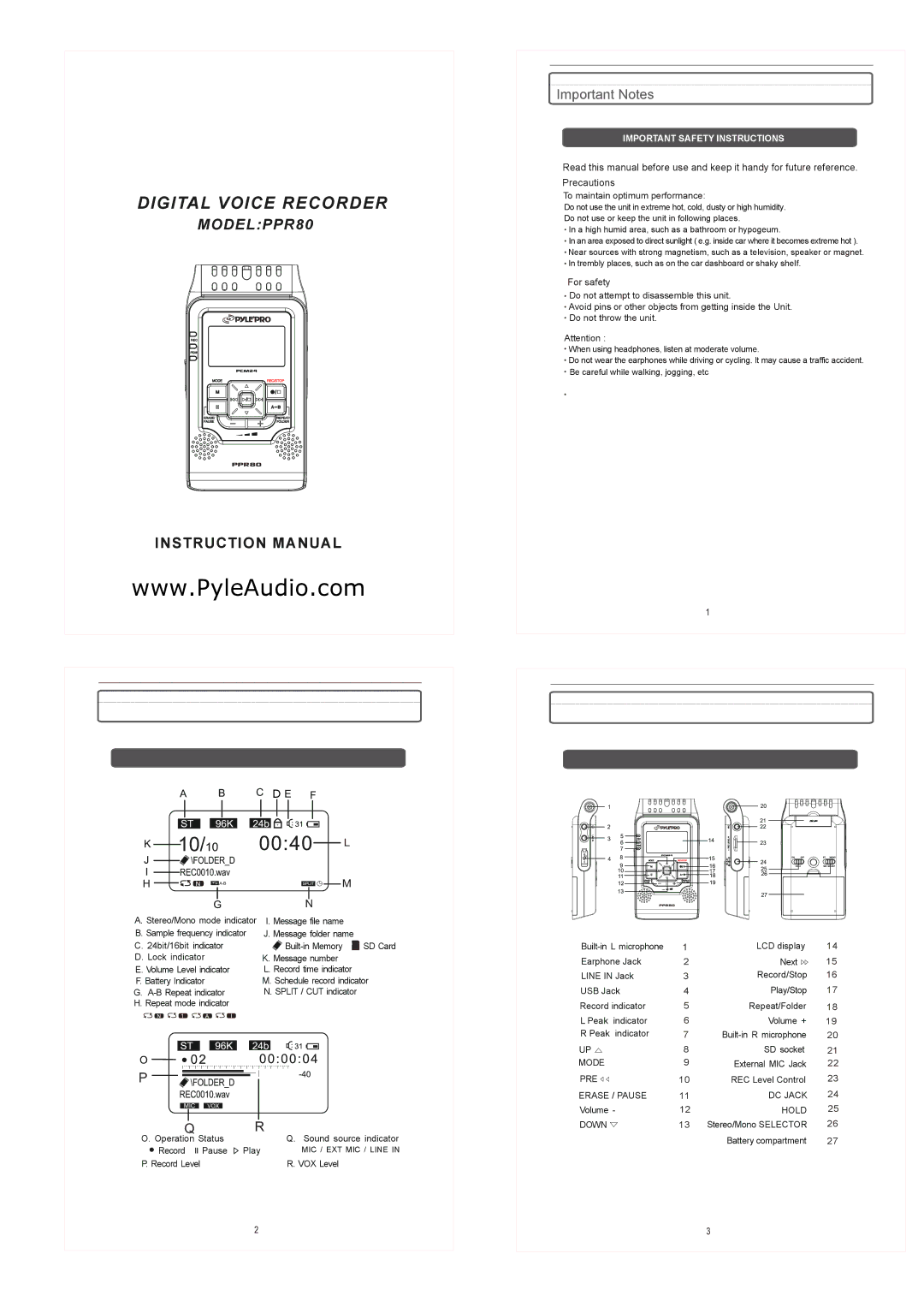 PYLE Audio PPR80 instruction manual Digital Voice Recorder, Important Notes 