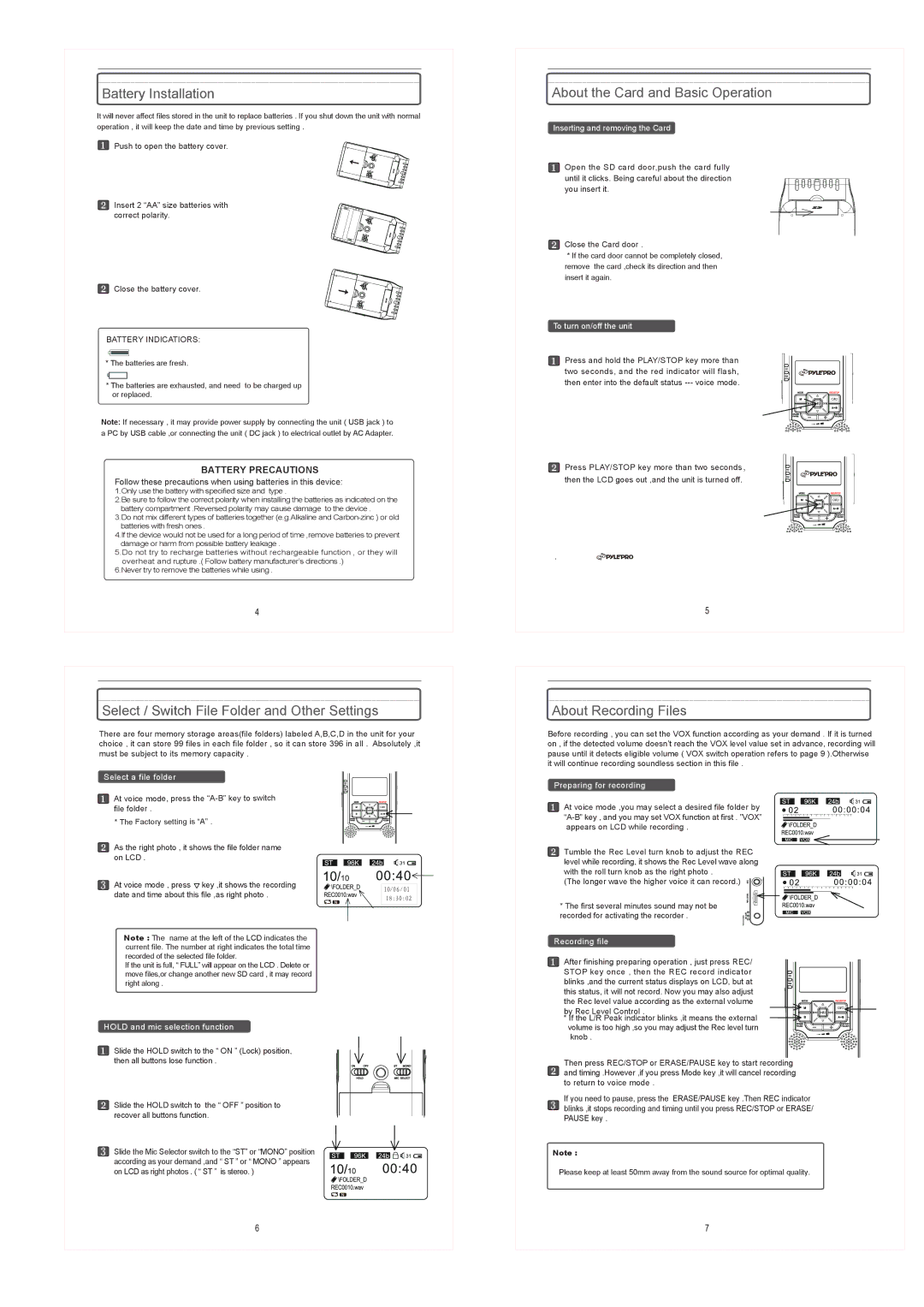 PYLE Audio PPR80 Battery Installation, About the Card and Basic Operation, Select / Switch File Folder and Other Settings 