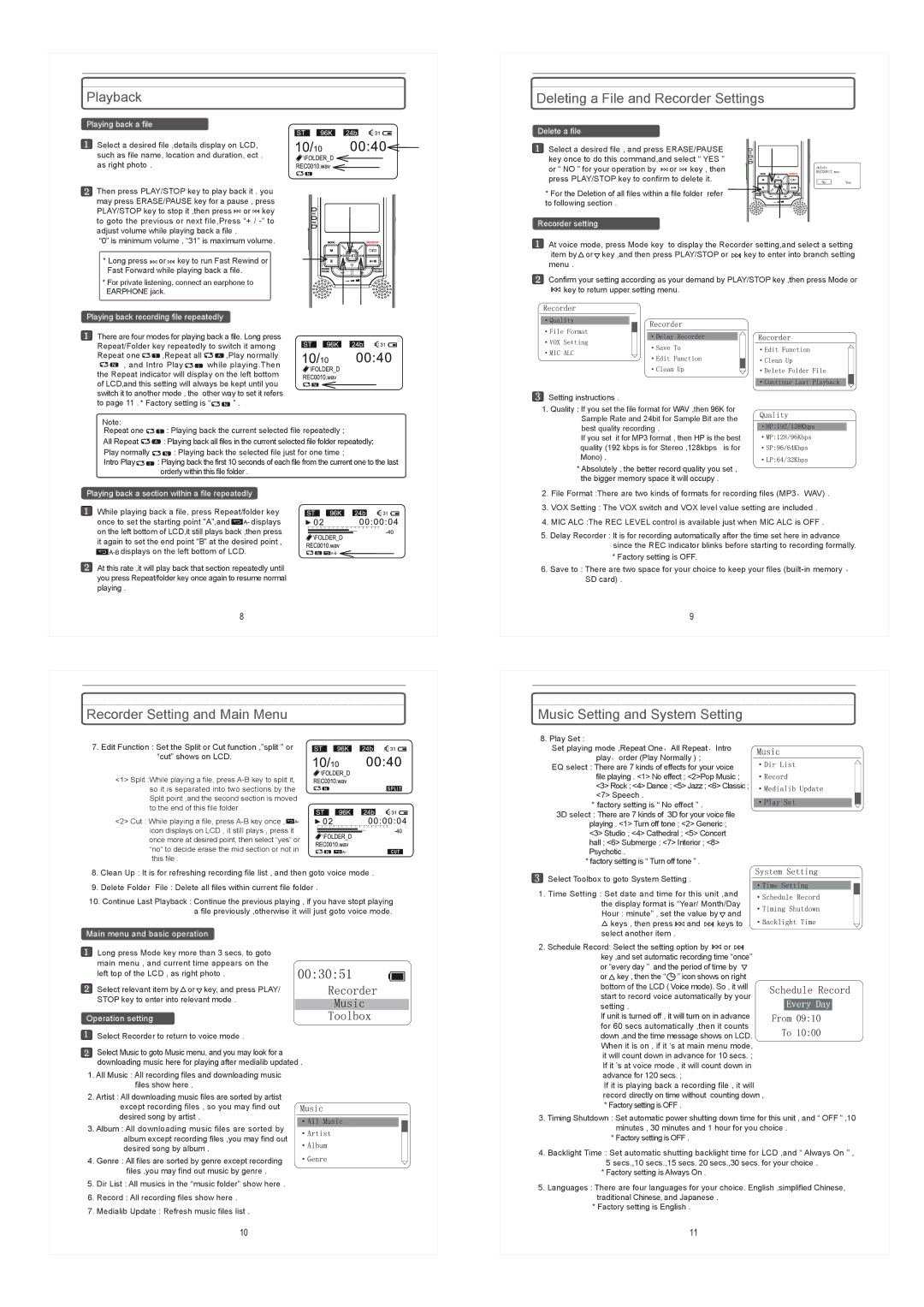 PYLE Audio PPR80 instruction manual Playback, Deleting a File and Recorder Settings, Recorder Setting and Main Menu 