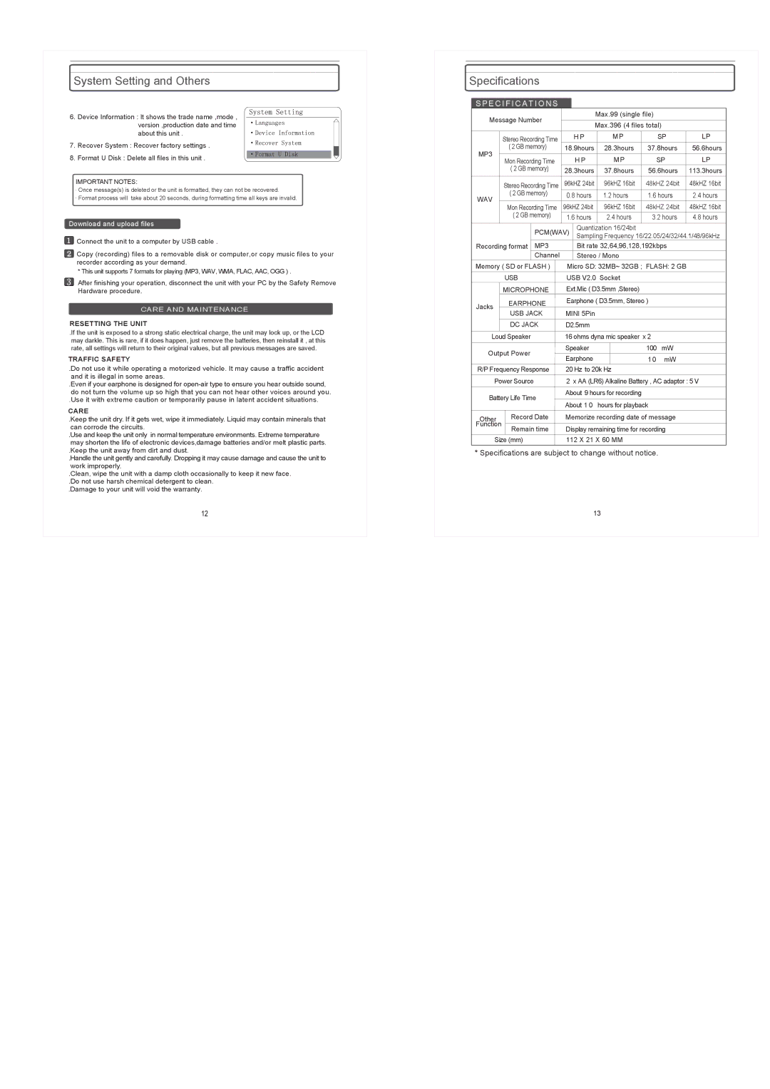 PYLE Audio PPR80 instruction manual System Setting and Others, Specifications, Download and upload files 