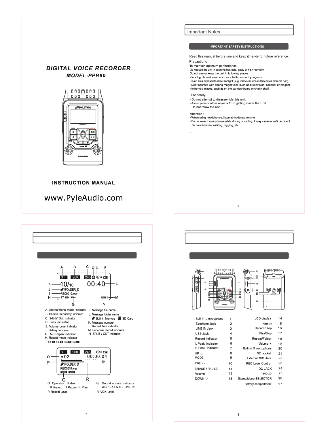 PYLE Audio instruction manual Important Notes, For safety, Digital Voice Recorder, MODELPPR80, Instruction Manual 