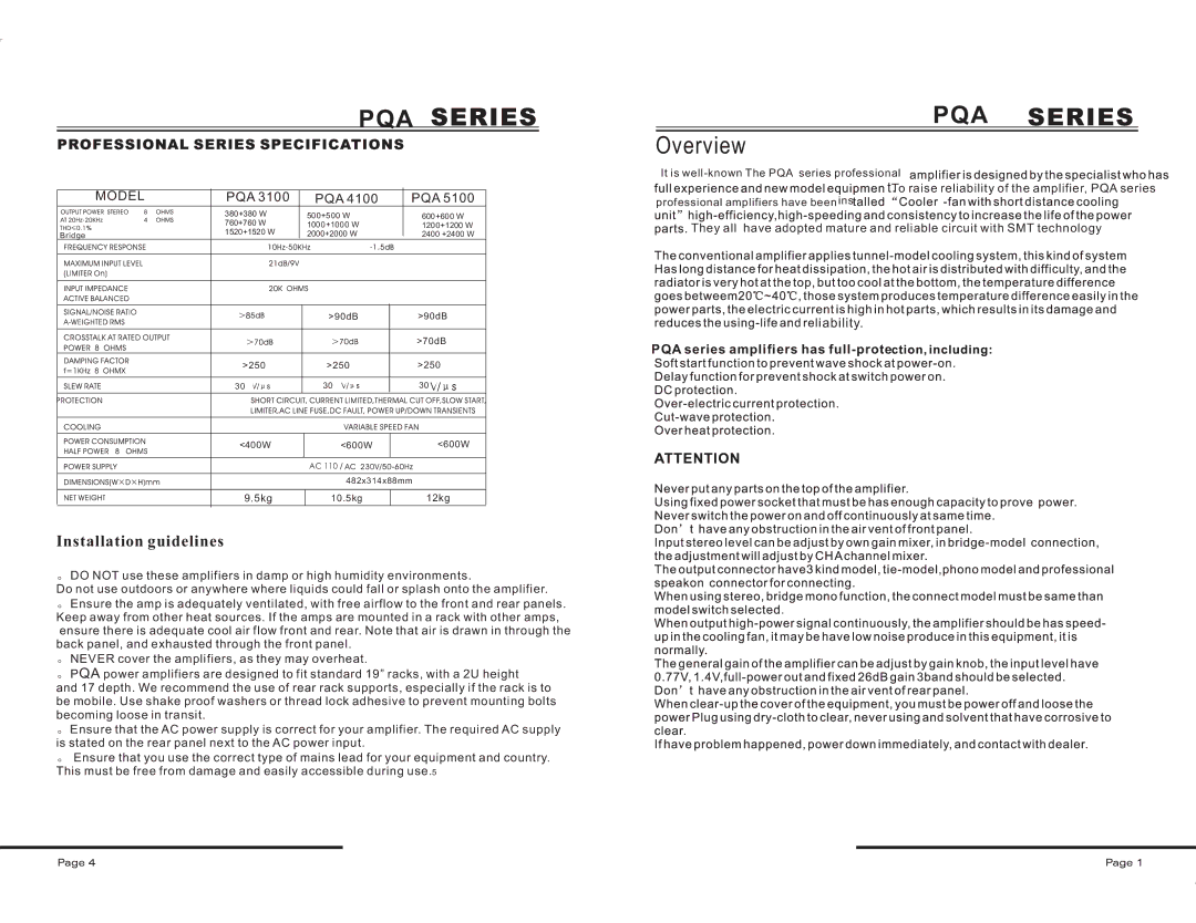 PYLE Audio PQA4100, PQA5100, PQA3100 manual Pqa, Installation guidelines 