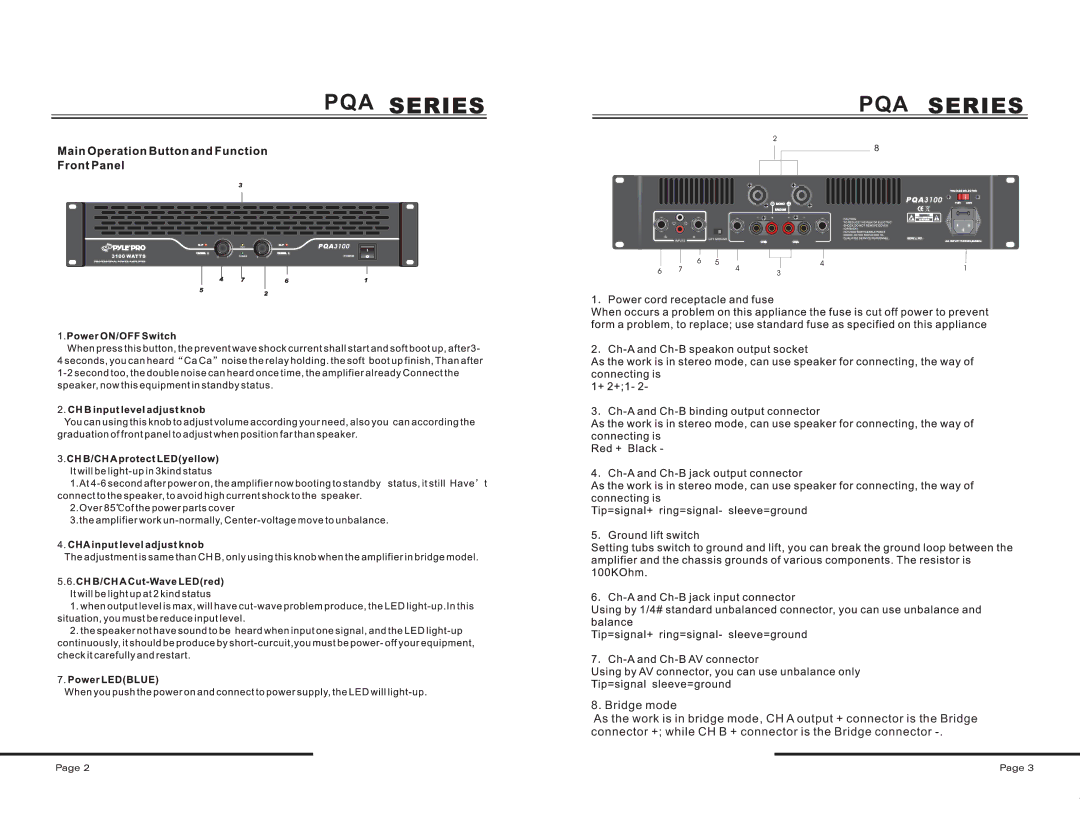 PYLE Audio PQA5100, PQA3100, PQA4100 manual Pqa 