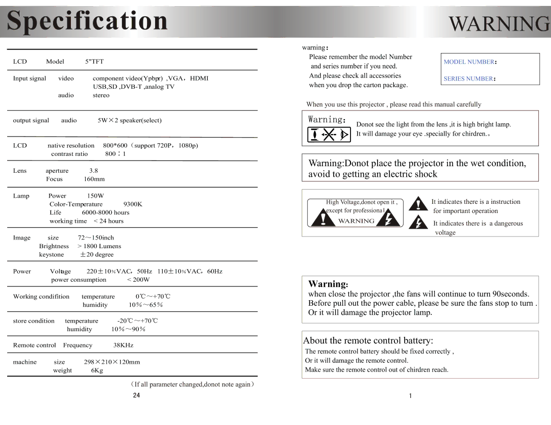 PYLE Audio PRJHD198 user manual Specification 