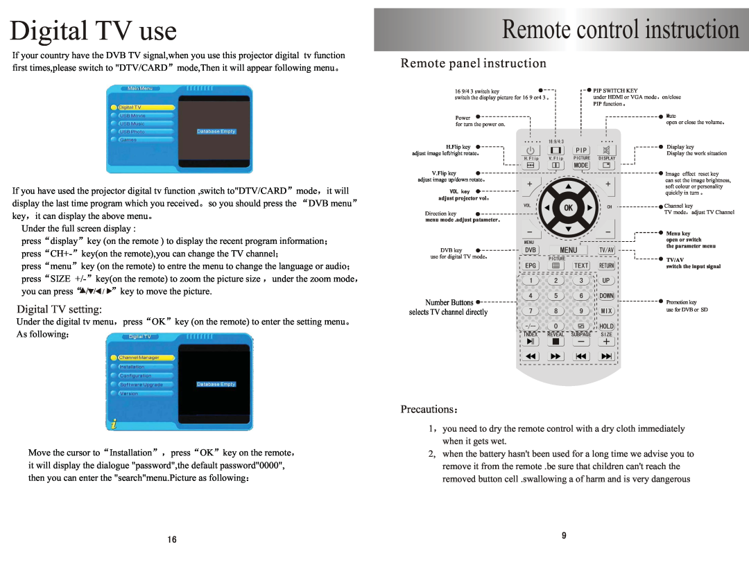 PYLE Audio PRJHD198 user manual Digital TV use, Remote control instruction, Digital TV setting, Precautions 