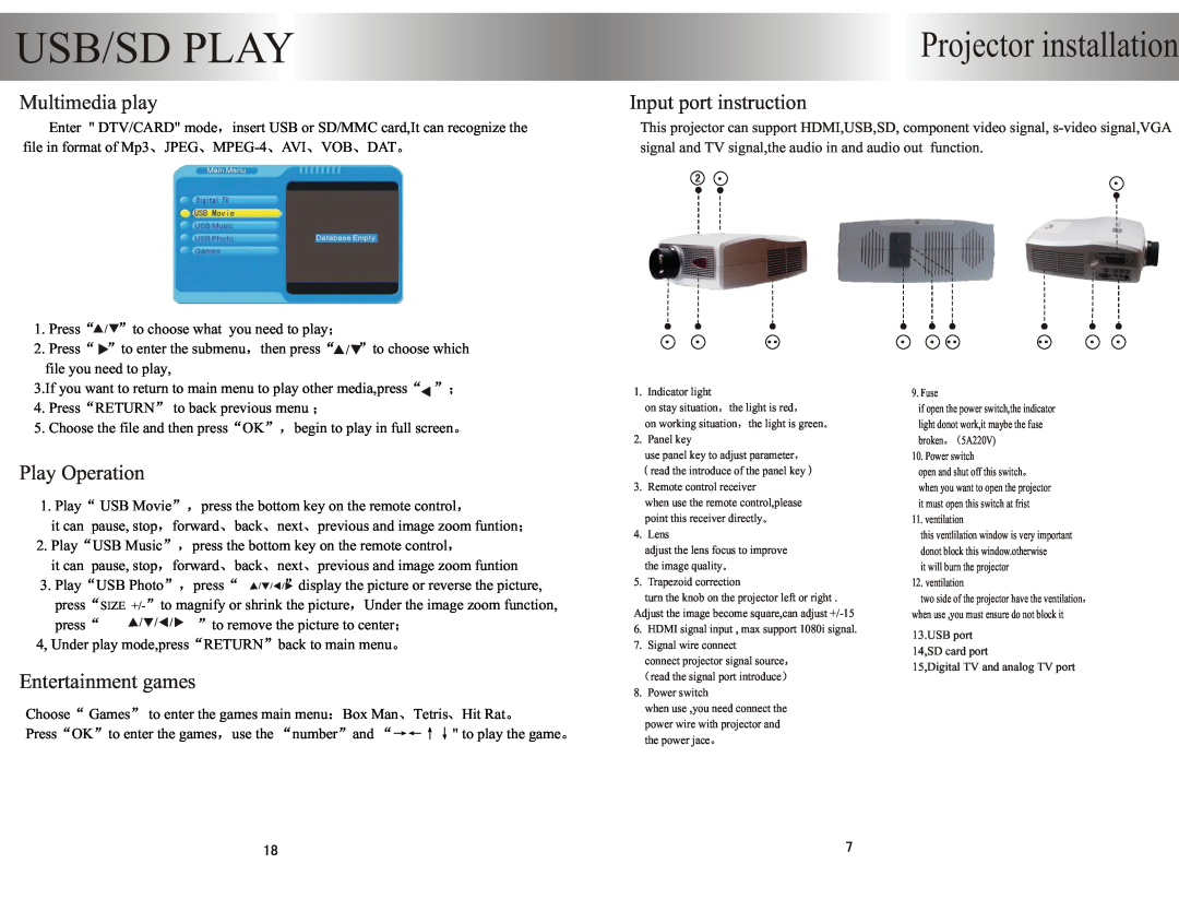 PYLE Audio PRJHD198 user manual Usb/Sd Play, Projector installation 
