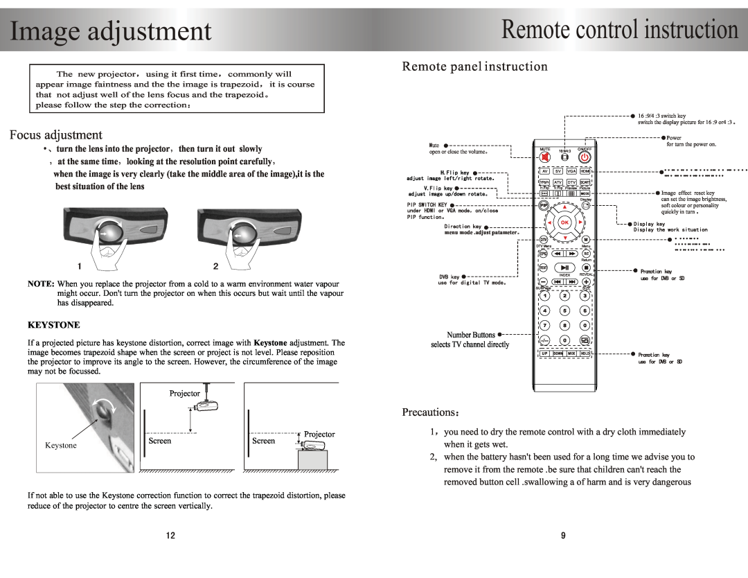 PYLE Audio PRJHD66 Image adjustment, Remote control instruction, Precautions, please follow the step the correction 