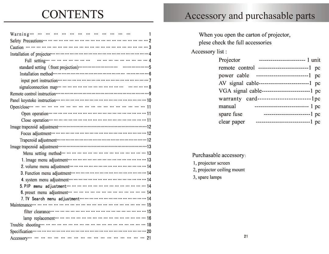 PYLE Audio PRJHD66 user manual Contents, Accessory and purchasable parts 