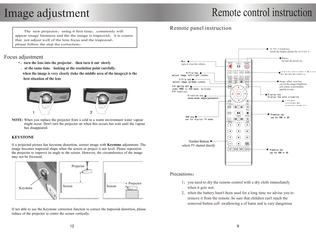 PYLE Audio PRJHD66 user manual Image adjustment, Focus adjustment, Remote panel instruction 