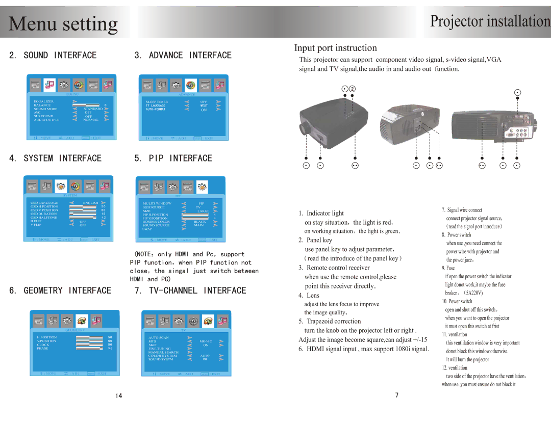 PYLE Audio PRJHD66 user manual Menu setting, Input port instruction 