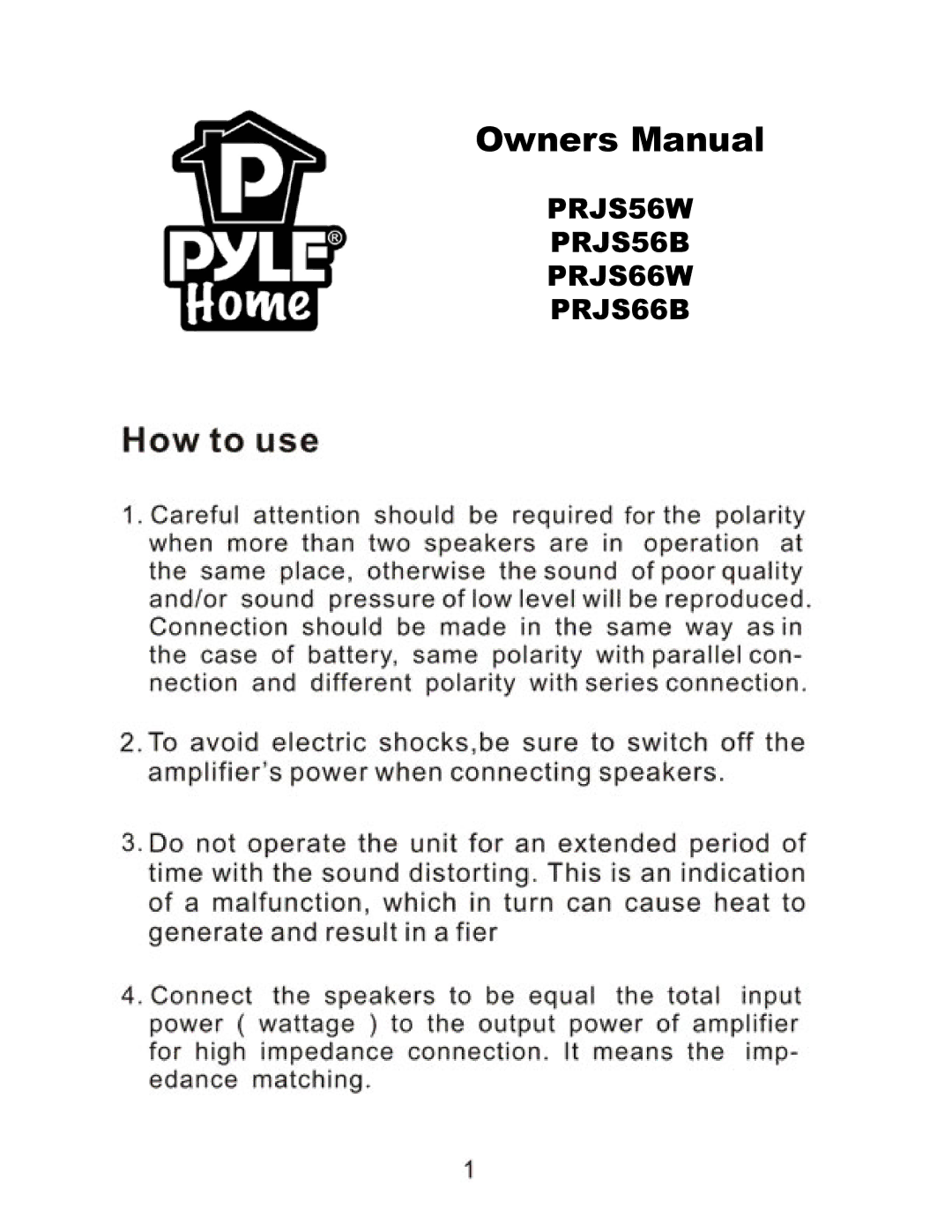 PYLE Audio owner manual PRJS56W PRJS56B PRJS66W PRJS66B 