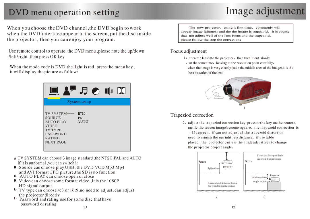 PYLE Audio PRJSD188 user manual Image adjustment, Focus adjustment, Trapeziod correction, Screen 