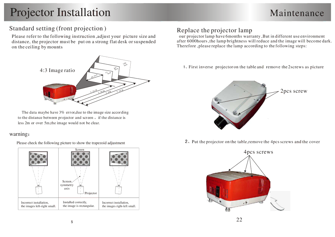 PYLE Audio PRJSD188 user manual Projector Installation, 2pcs screw, 4pcs screws 