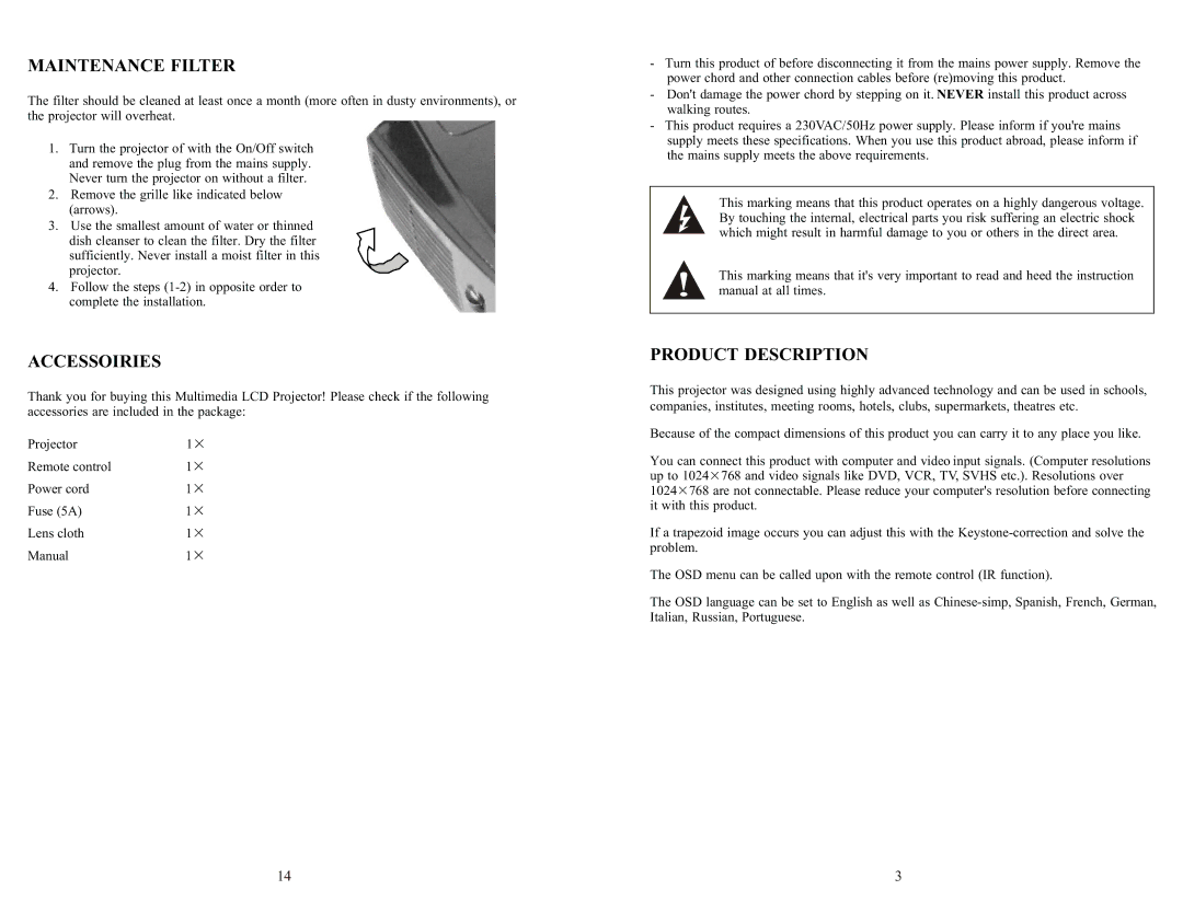 PYLE Audio PRJV66 user manual Maintenance Filter, Accessoiries, Product Description 