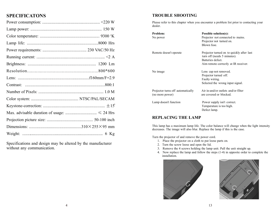 PYLE Audio PRJV66 user manual Specificatons, Replacing the Lamp 