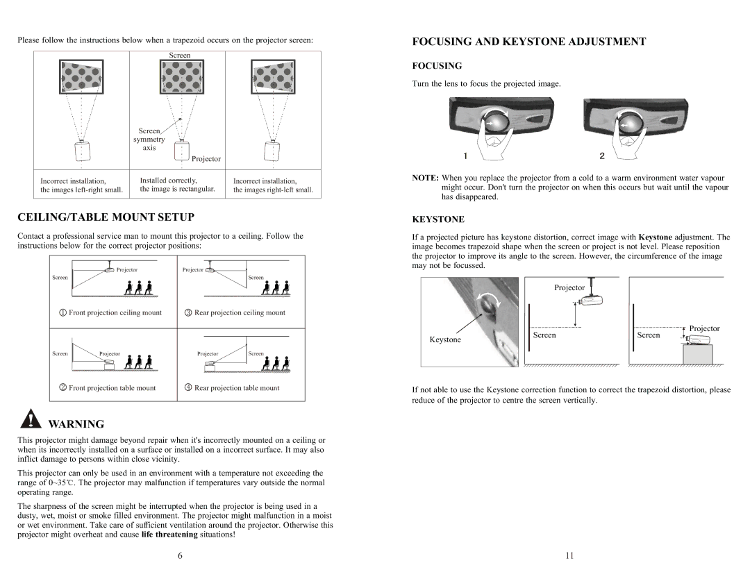 PYLE Audio PRJV66 user manual CEILING/TABLE Mount Setup, Focusing and Keystone Adjustment 