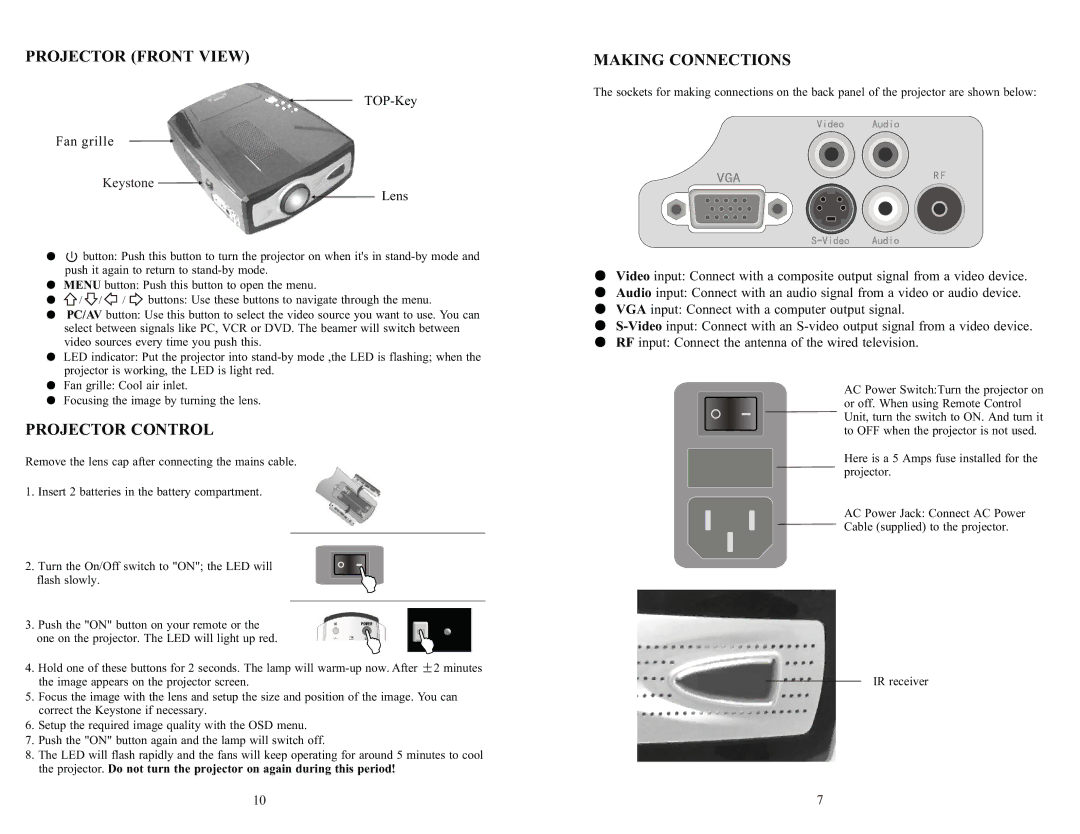 PYLE Audio PRJV66 user manual Projector Front View, Projector Control, Making Connections 