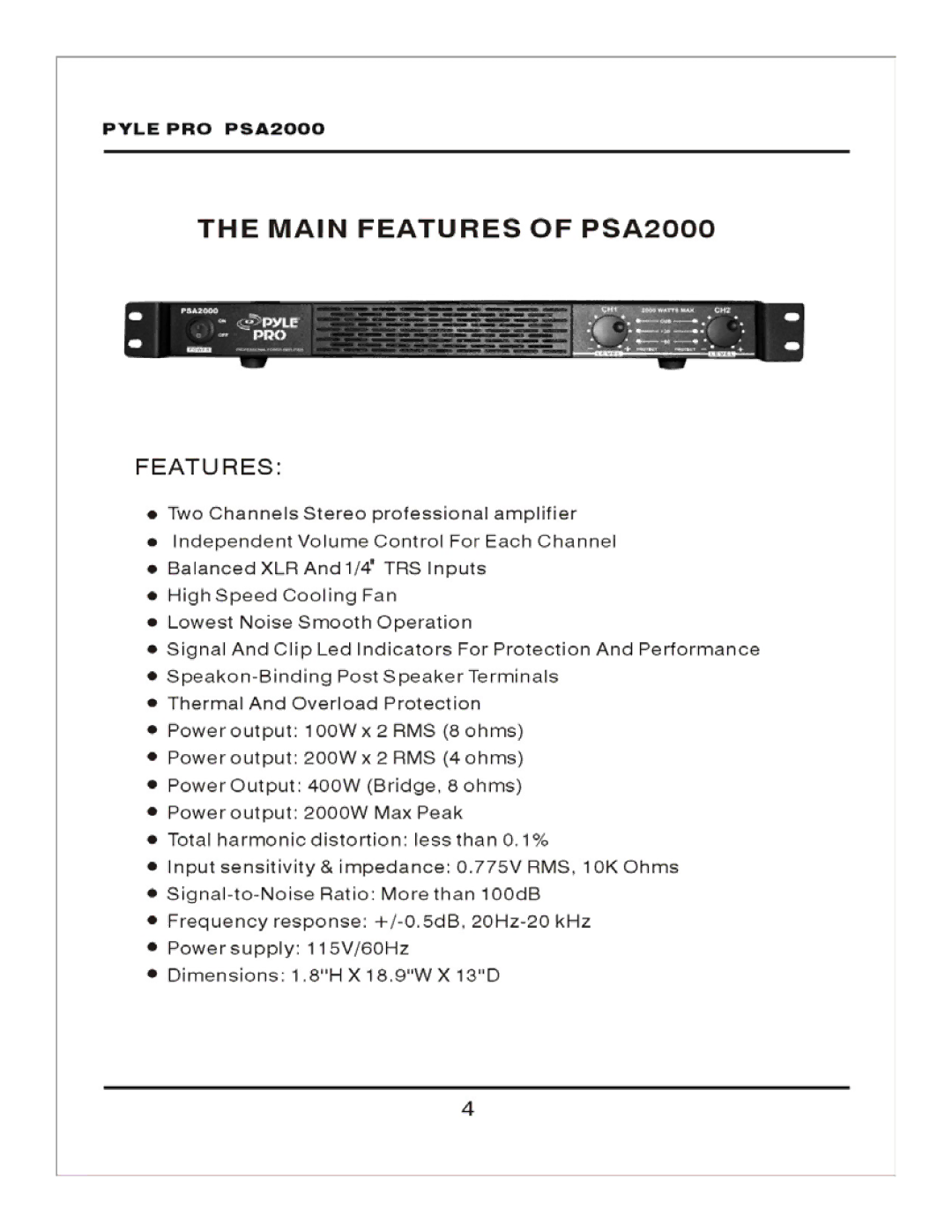 PYLE Audio PSA2000 manual 