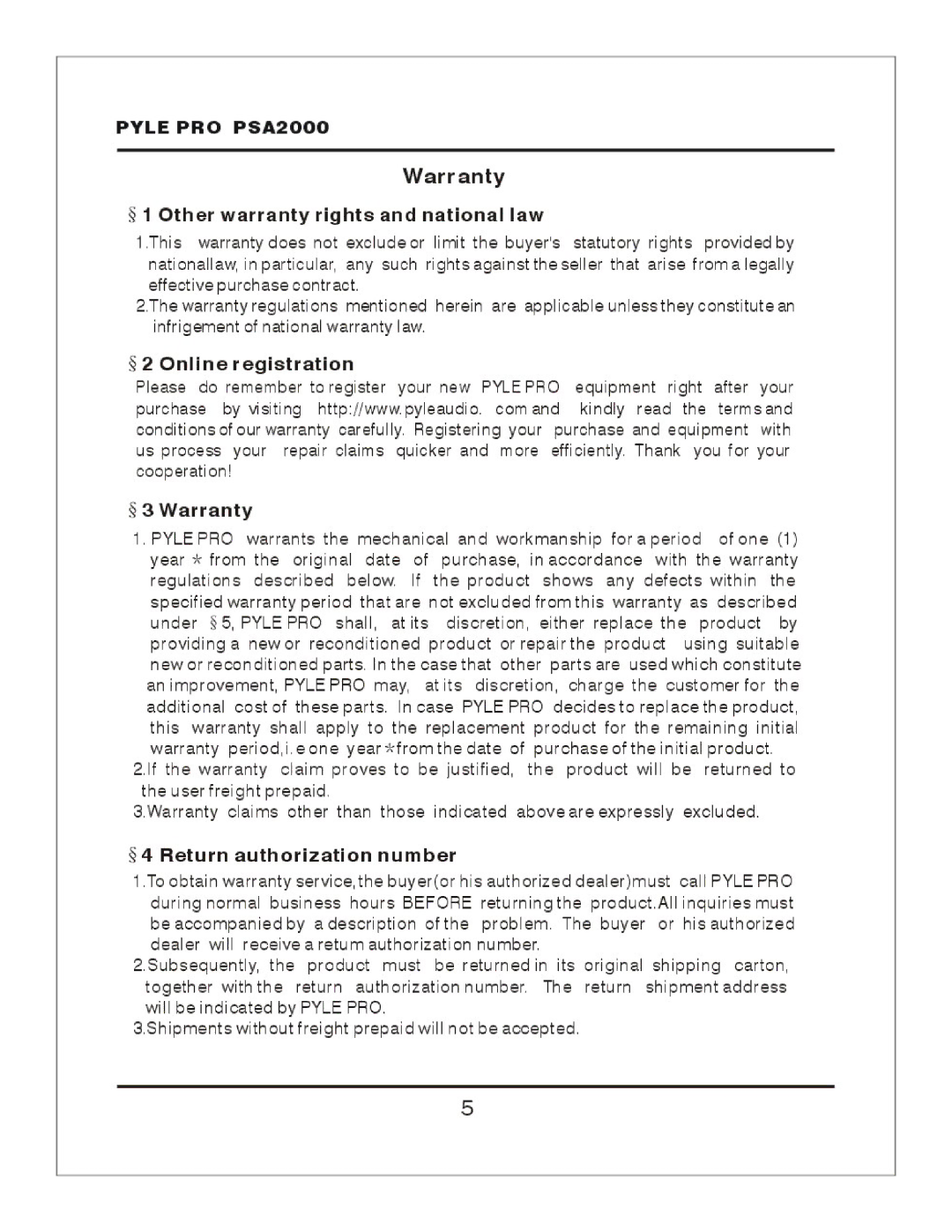 PYLE Audio PSA2000 manual 