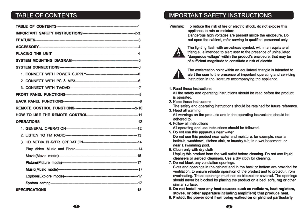 PYLE Audio PSBV400 owner manual Table of Contents, Important Safety Instructions 