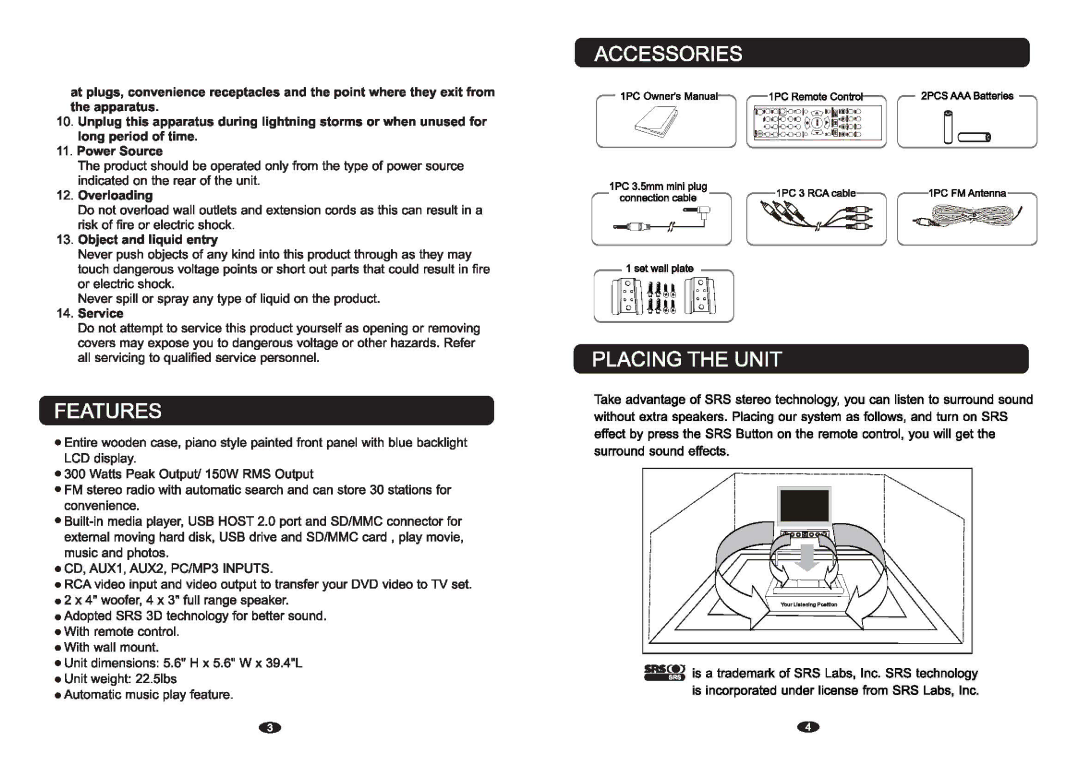 PYLE Audio PSBV400 owner manual Features, Accessories, Placing the Unit, CD, AUX1, AUX2, PC/MP3 Inputs 