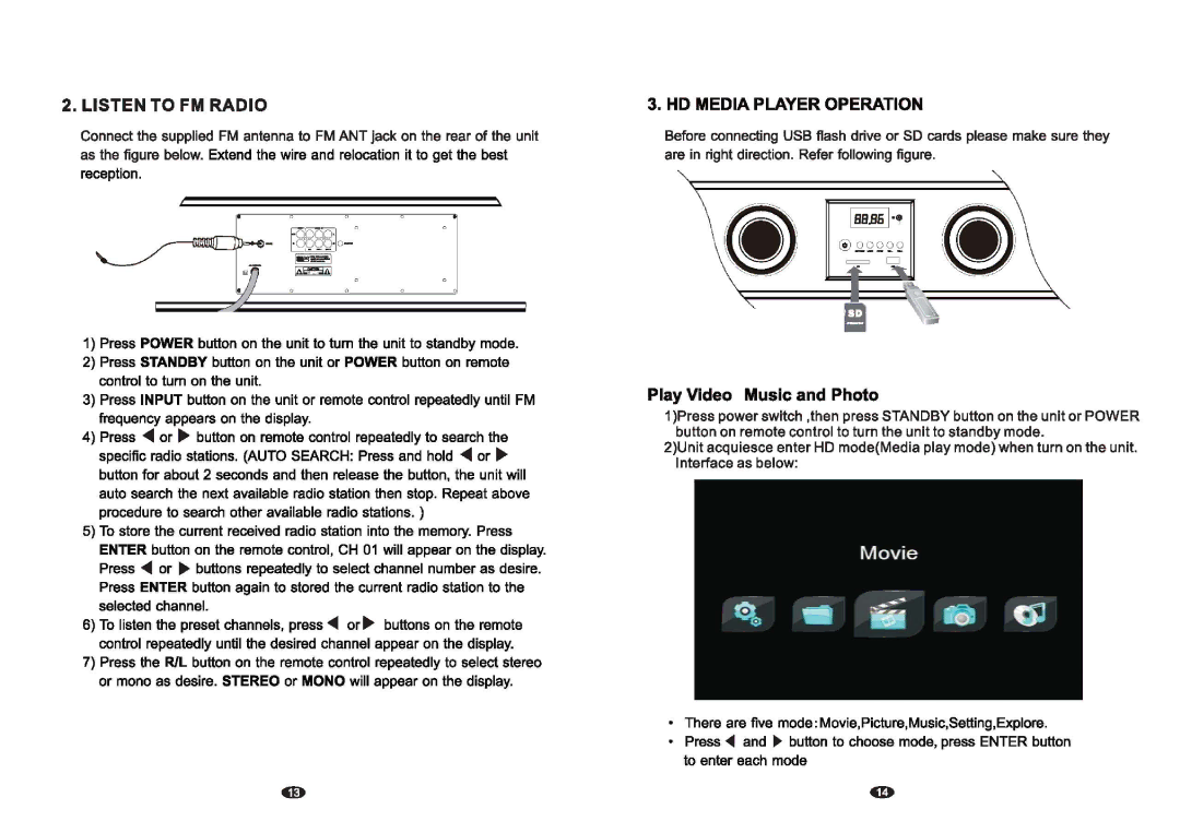 PYLE Audio PSBV400 owner manual Listen to FM Radio, HD Media Player Operation, Play Video Music and Photo 