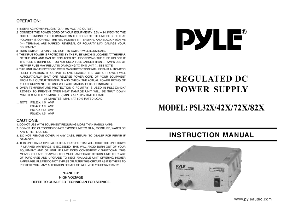 PYLE Audio PSL32X instruction manual Operation, Insert AC Power Plug Into a 110V Volt AC Outlet 