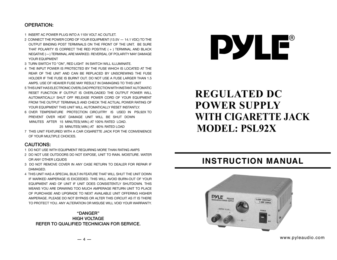 PYLE Audio PSL92X instruction manual Operation, Insert AC Power Plug Into a 110V Volt AC Outlet 