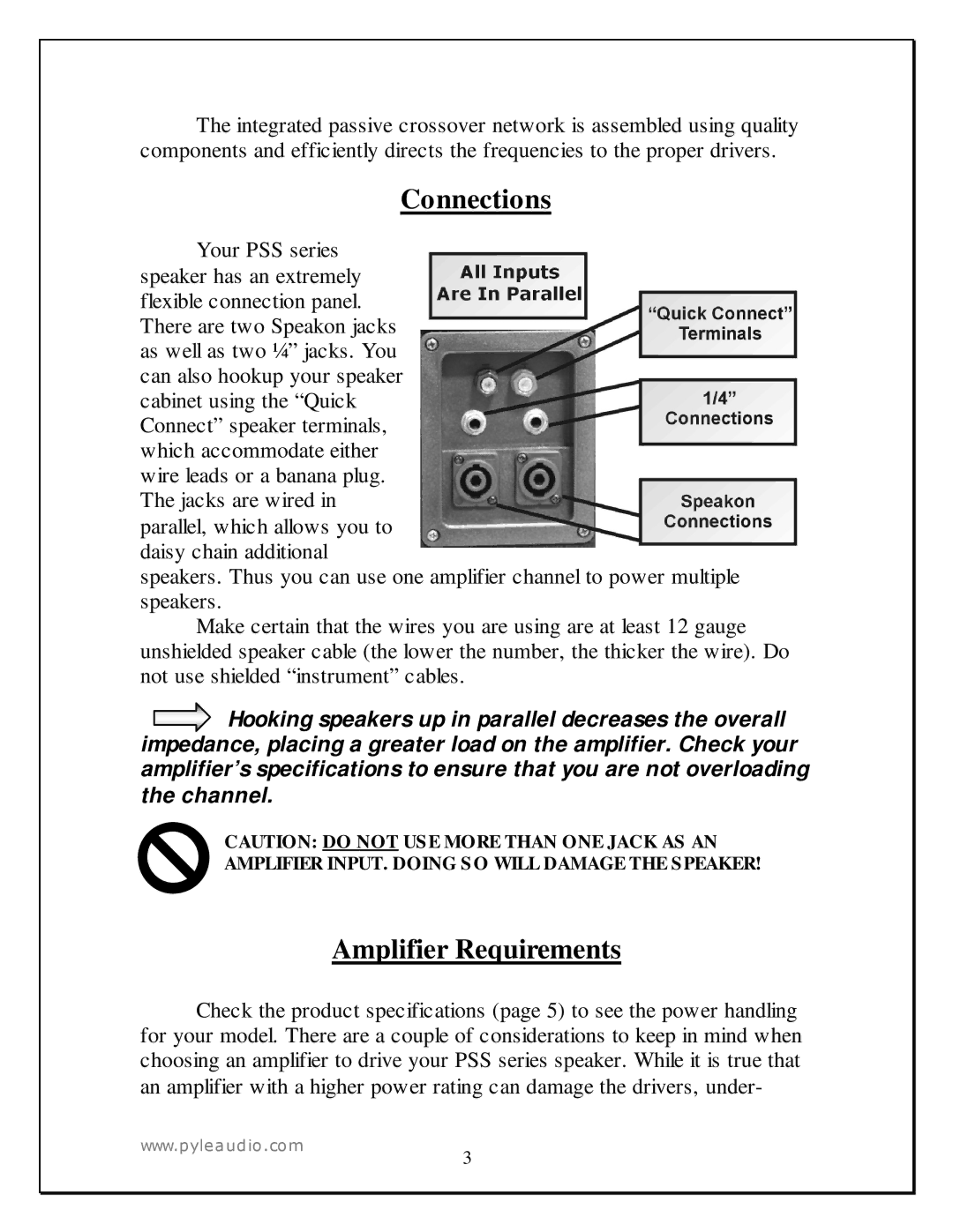 PYLE Audio PSS1522, PSS1822 manual Connections, Amplifier Requirements 