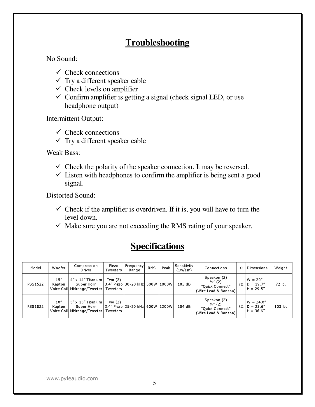 PYLE Audio PSS1522, PSS1822 manual Troubleshooting, Specifications 