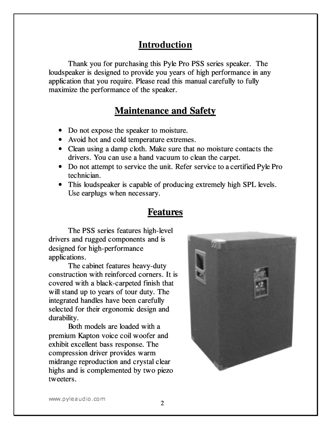 PYLE Audio PSS1822, PSS1522 manual Introduction, Maintenance and Safety, Features 