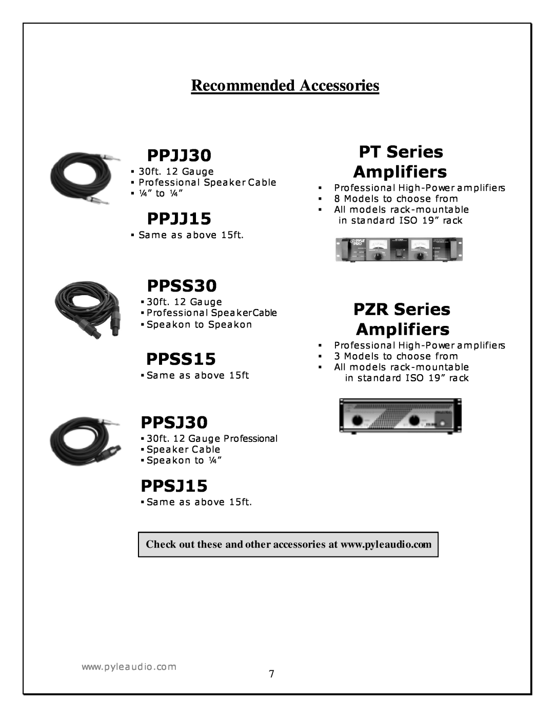 PYLE Audio PSS1522, PSS1822 manual Recommended Accessories 