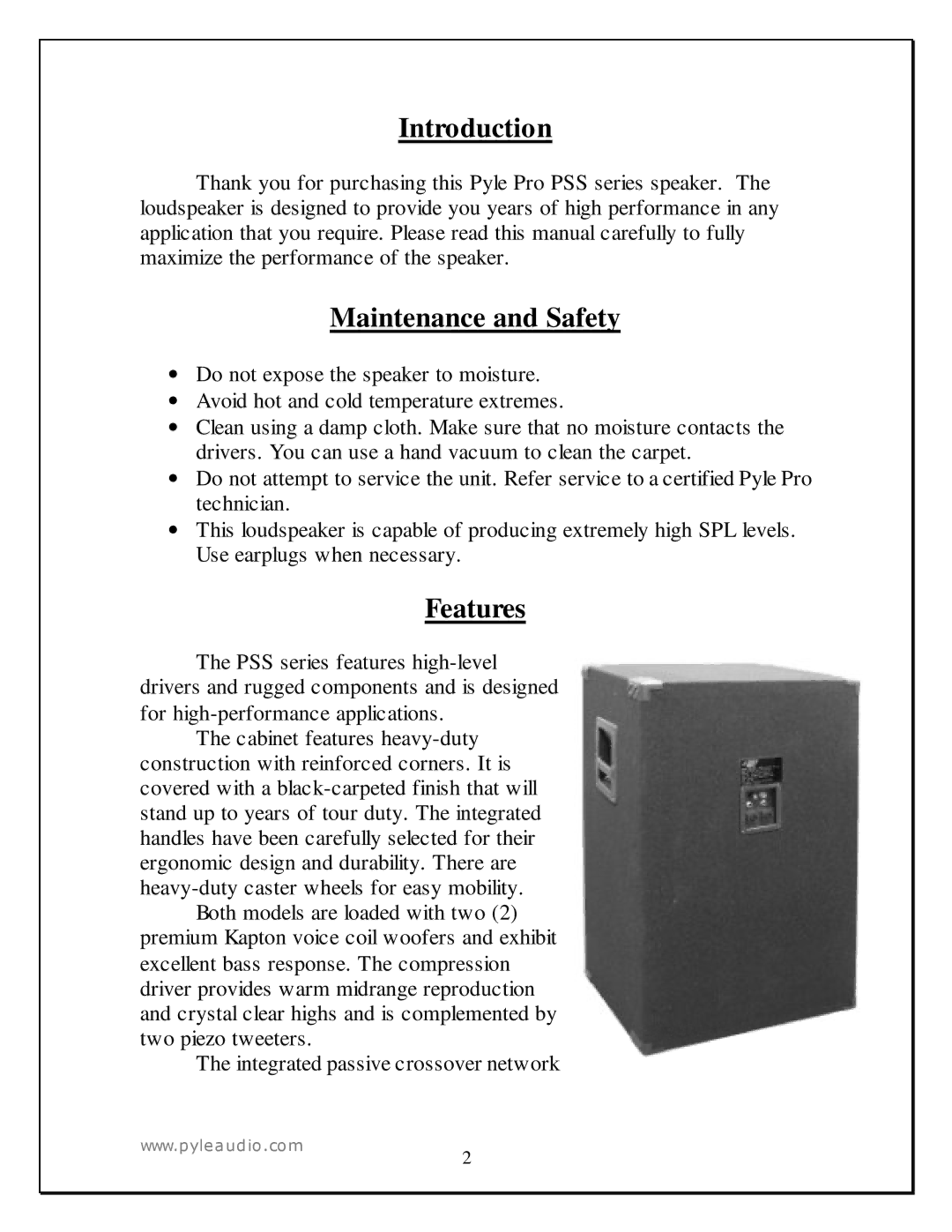 PYLE Audio PSS1842, PSS1542 manual Introduction, Maintenance and Safety, Features 