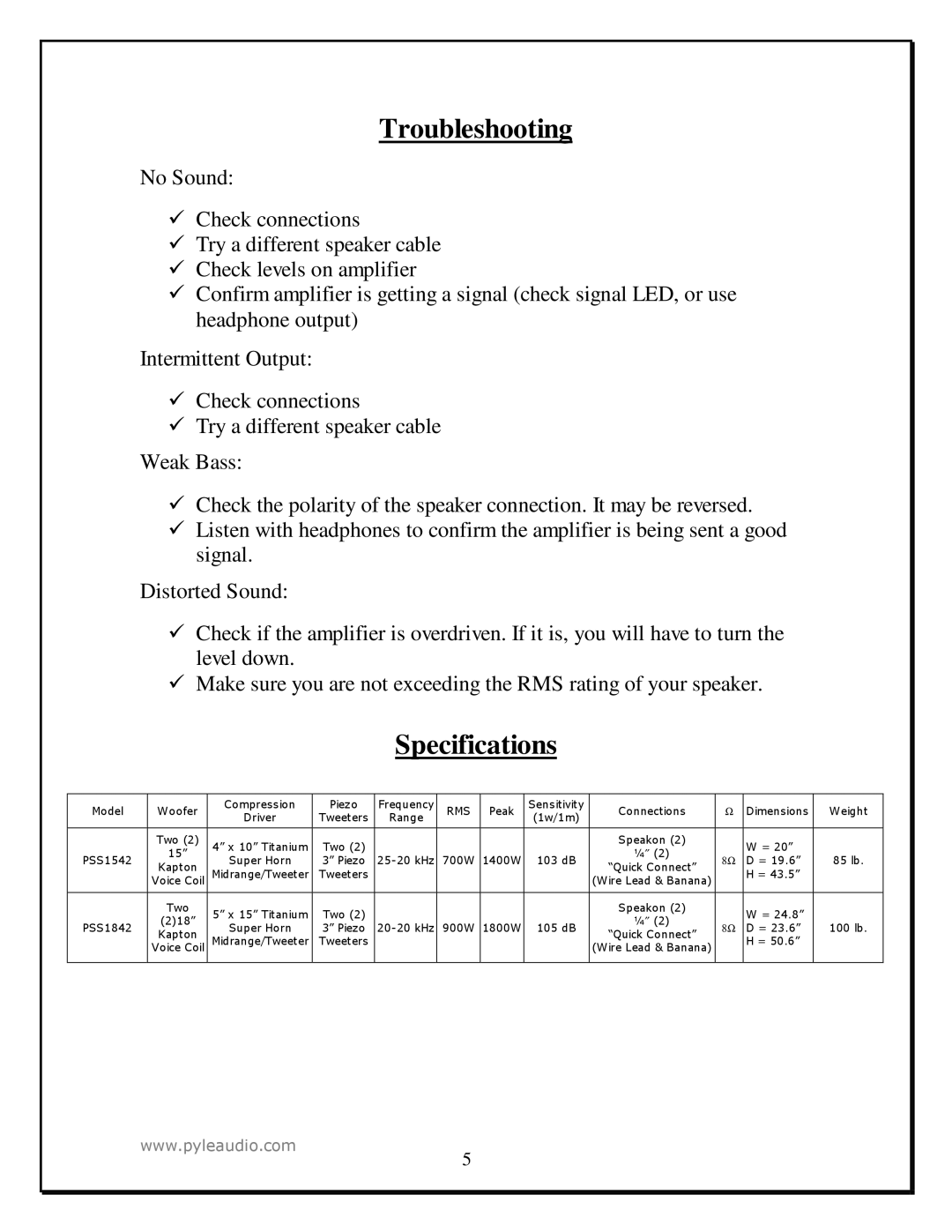 PYLE Audio PSS1542, PSS1842 manual Troubleshooting, Specifications 