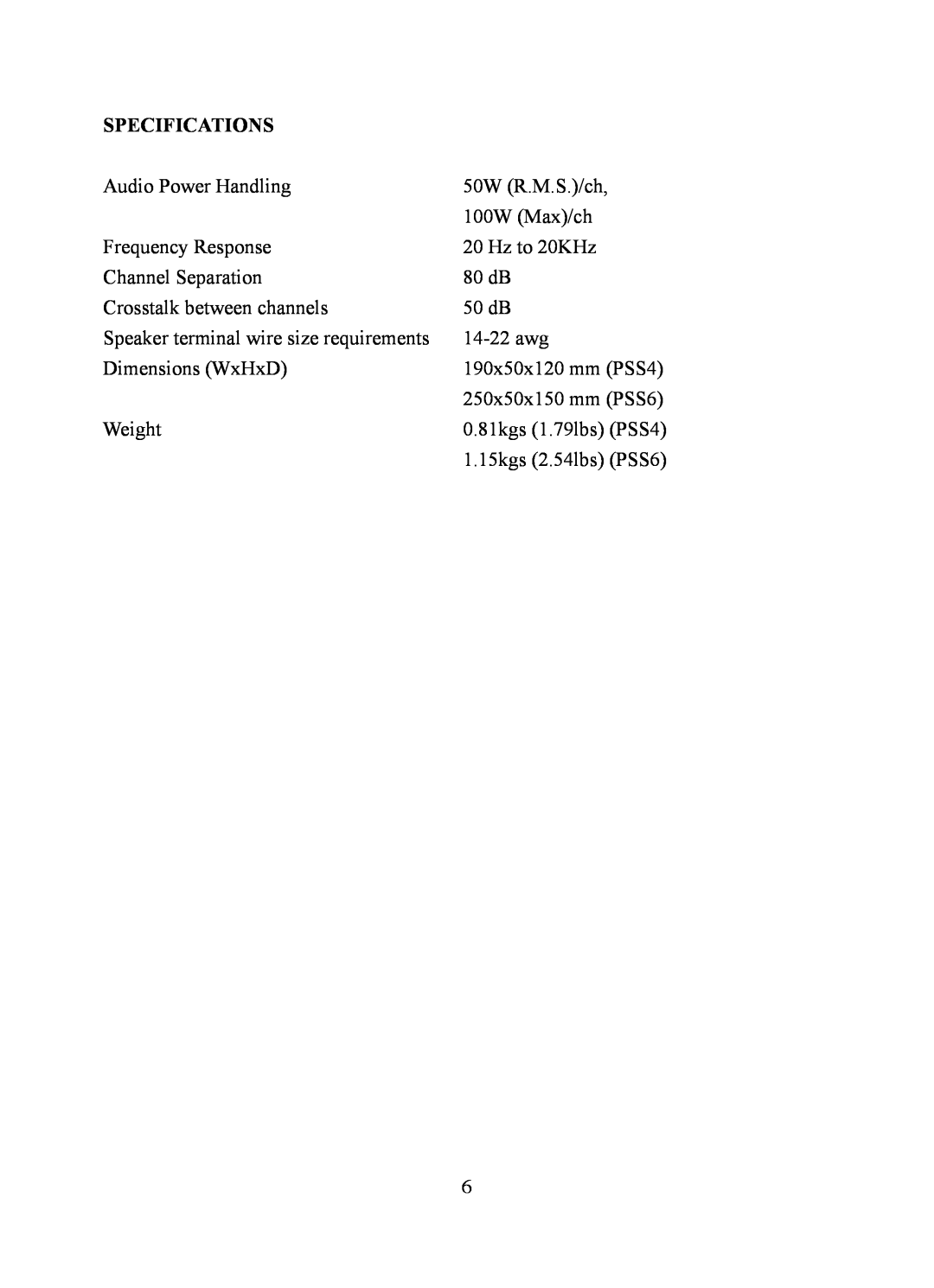 PYLE Audio PSS4, PSS6 manual Specifications 