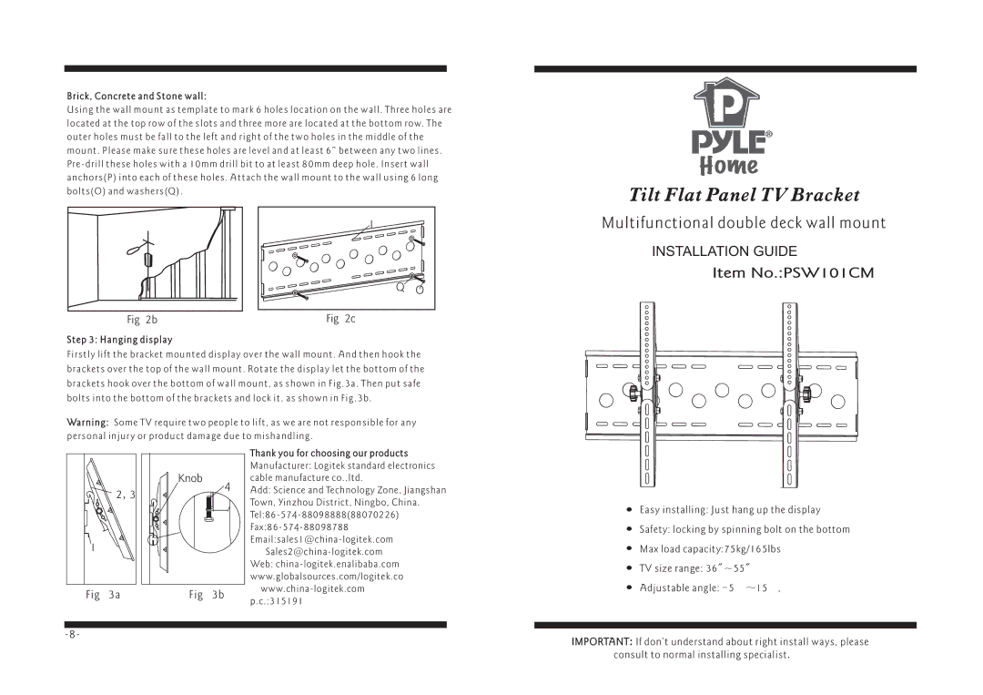 PYLE Audio PSW101CM manual Knob, Brick, Concrete and Stone wall, Hanging display 